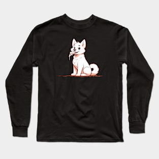 White Dog Eating Pizza Long Sleeve T-Shirt